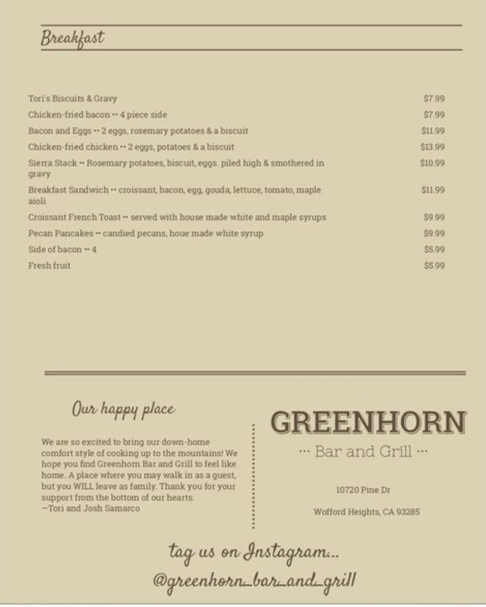 Greenhorn Bar & Grill menu board