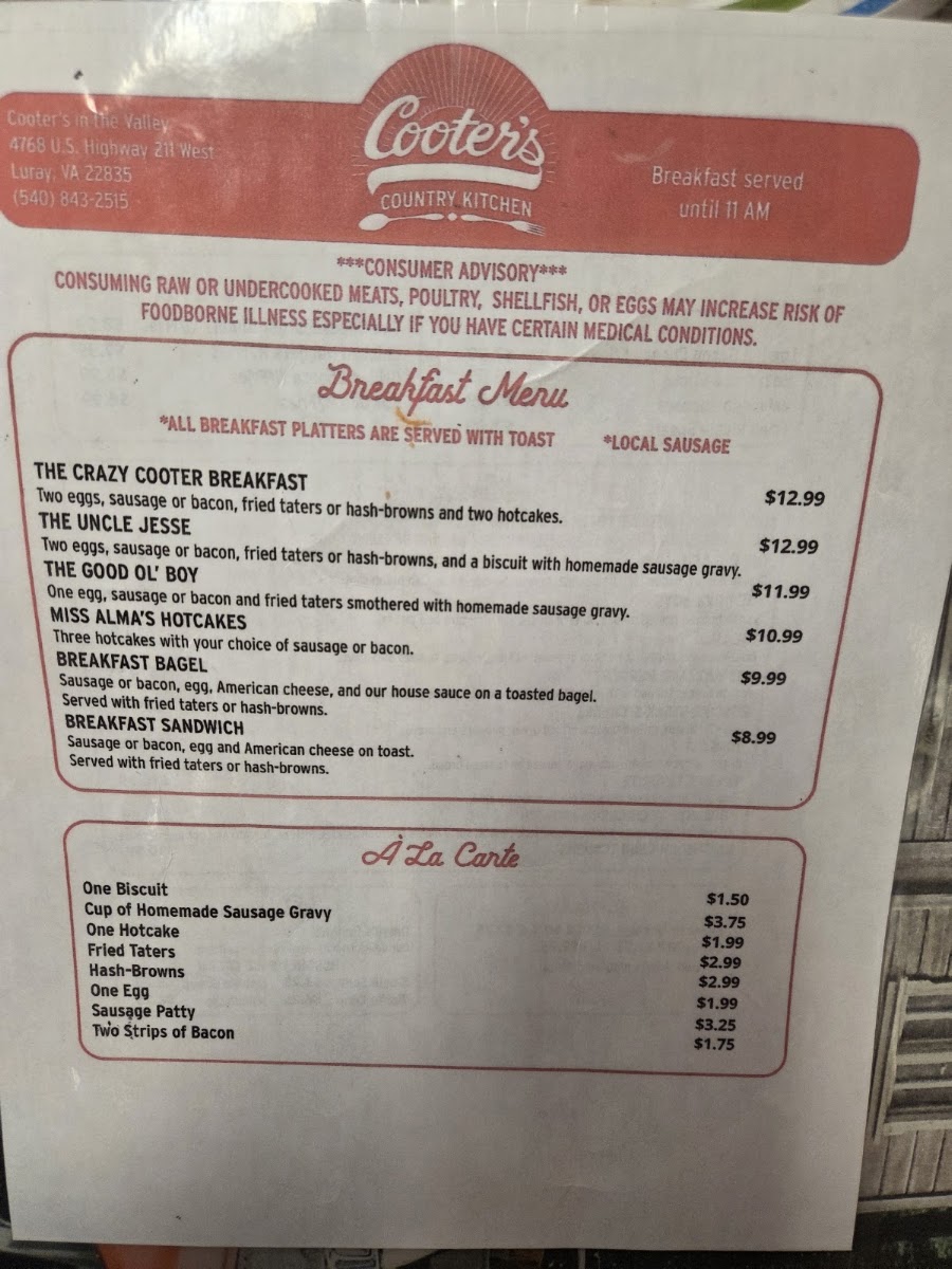 Cooter’s Country Kitchen menu board