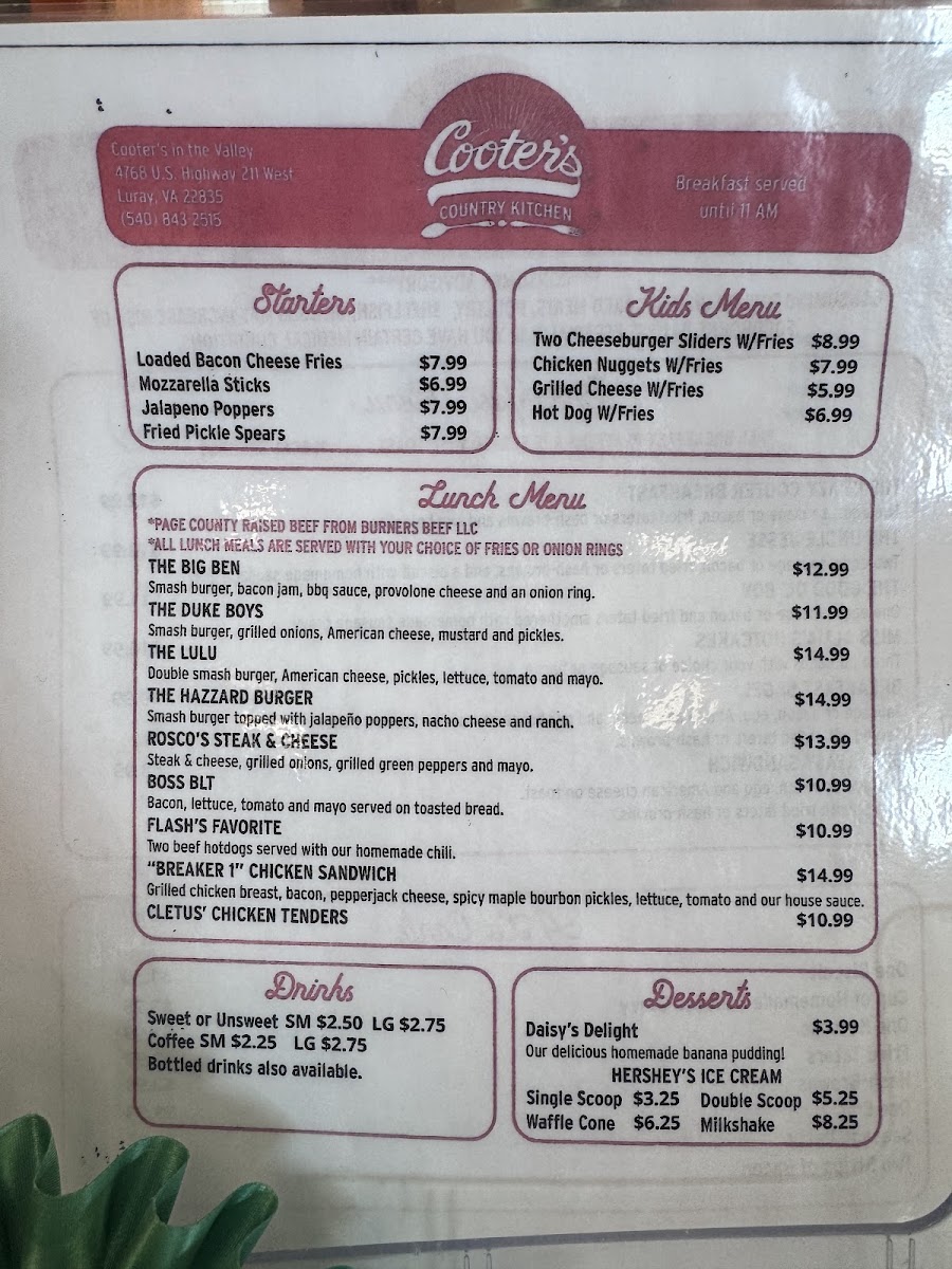 Cooter’s Country Kitchen menu board