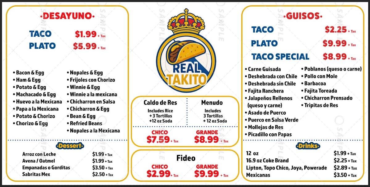 Real Takito menu board