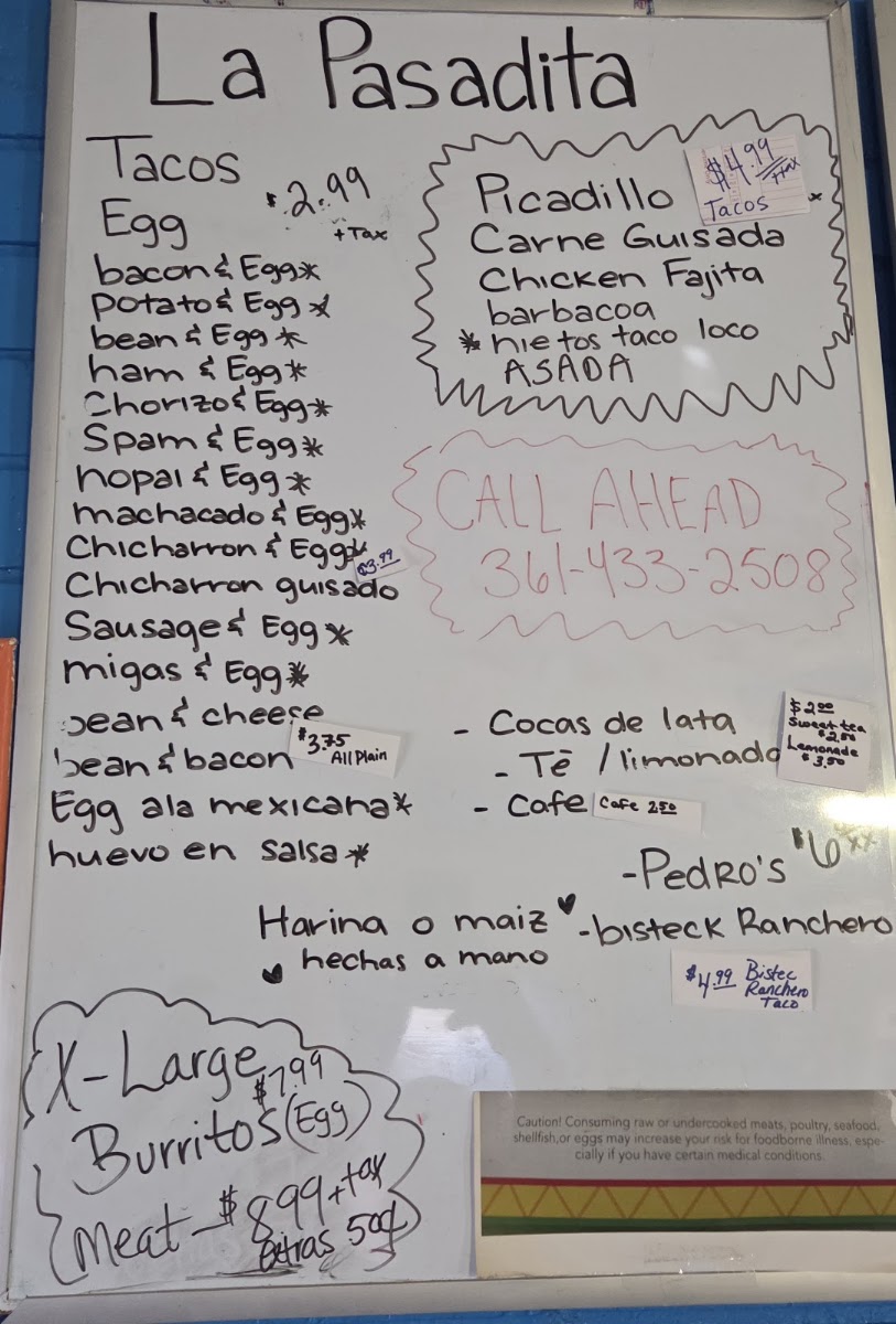 Taqueria La Pasadita menu board