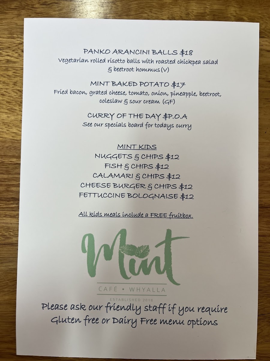 Mint Cafe Whyalla menu board