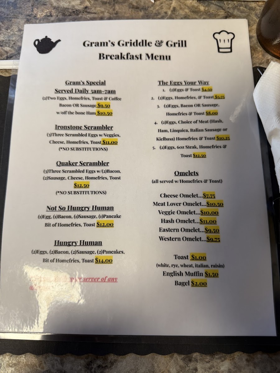 Gram’s Griddle ‘n Grill menu board