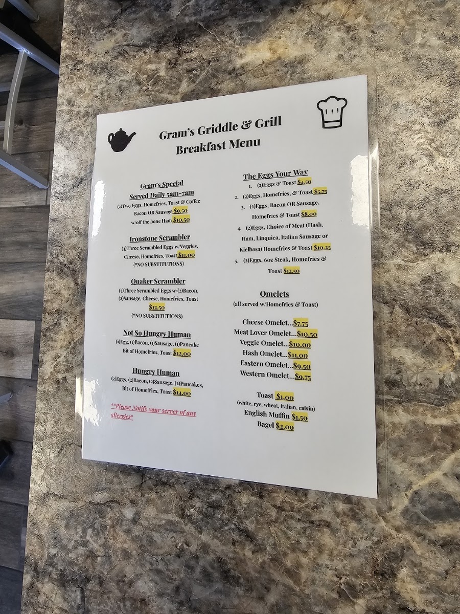 Gram’s Griddle ‘n Grill menu board