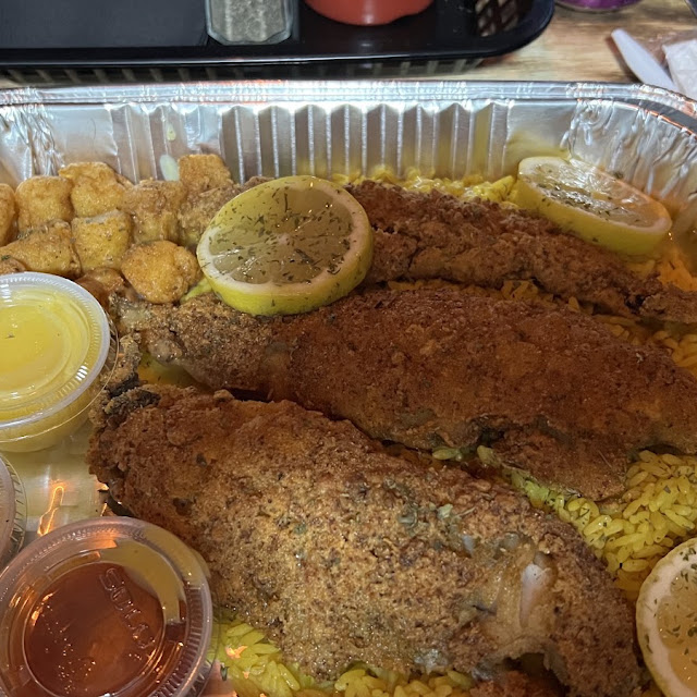 Fried Whiting Fish Yellow Rice and Scallops