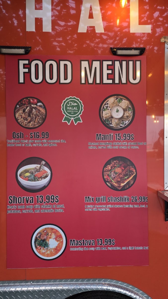 Uzbek Halal Foods menu board