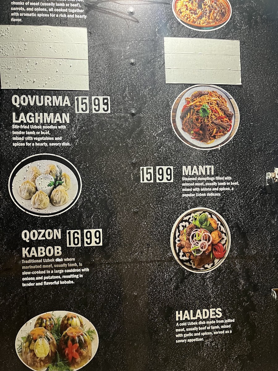 Uzbek Halal Foods menu board