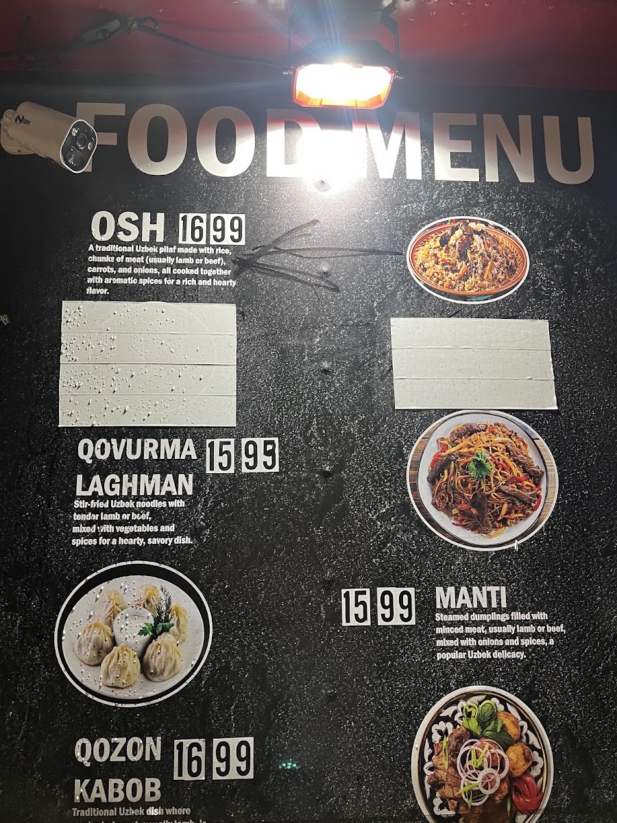 Uzbek Halal Foods menu board