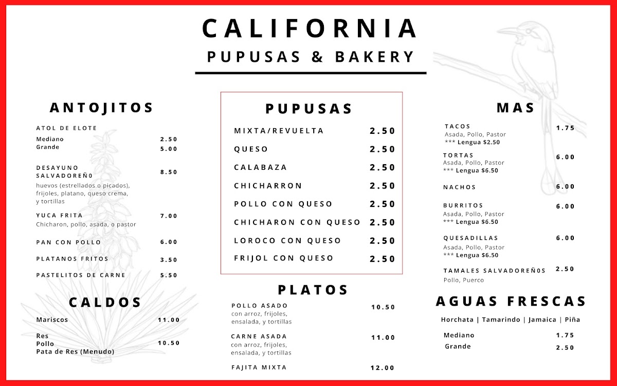 California Bakery menu board