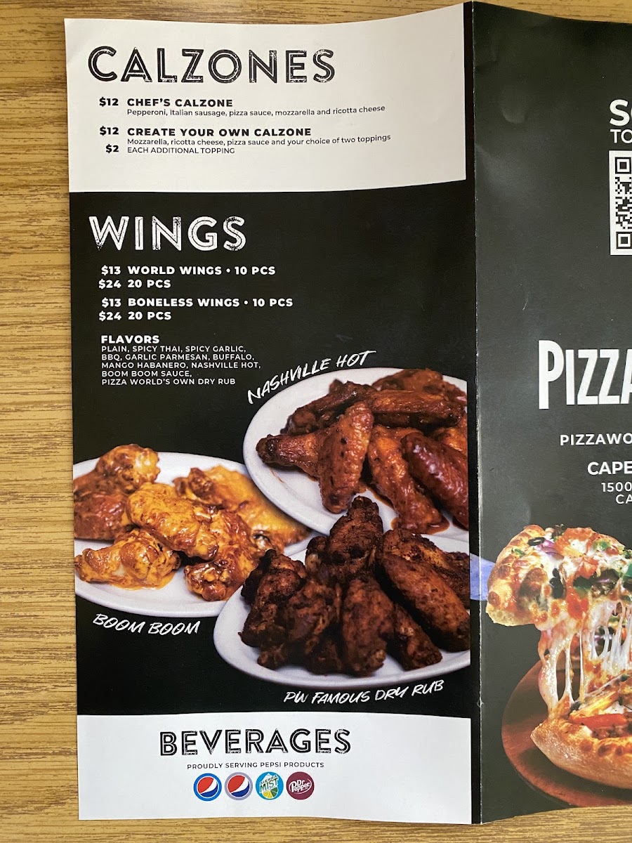 Pizza World At Cape Fair Marina menu board