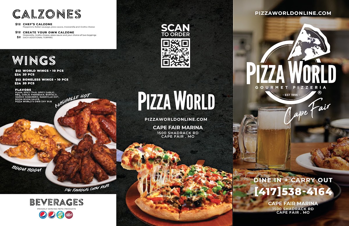 Pizza World At Cape Fair Marina menu board