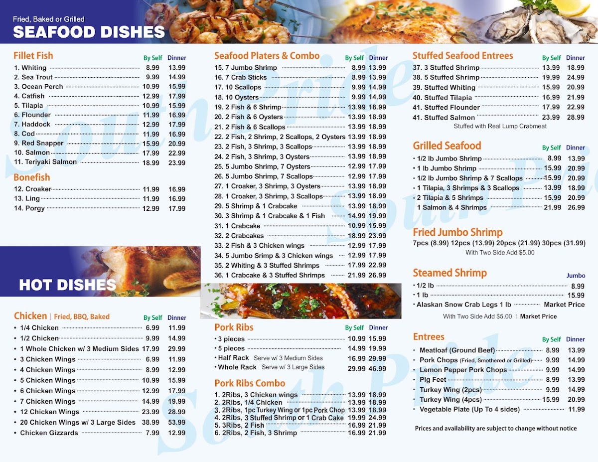 South Pride Seafood menu board