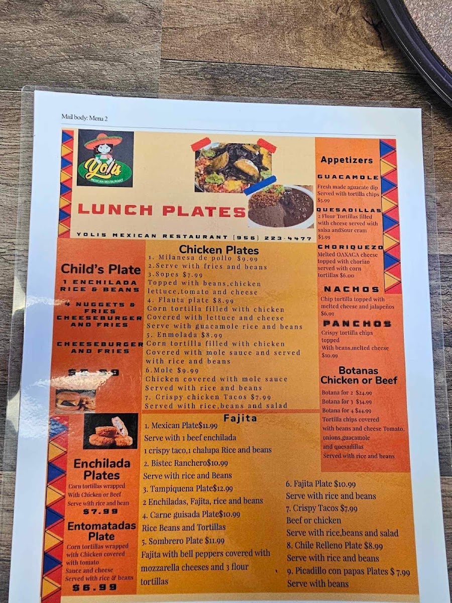 Yolis Mexican Restaurant menu board