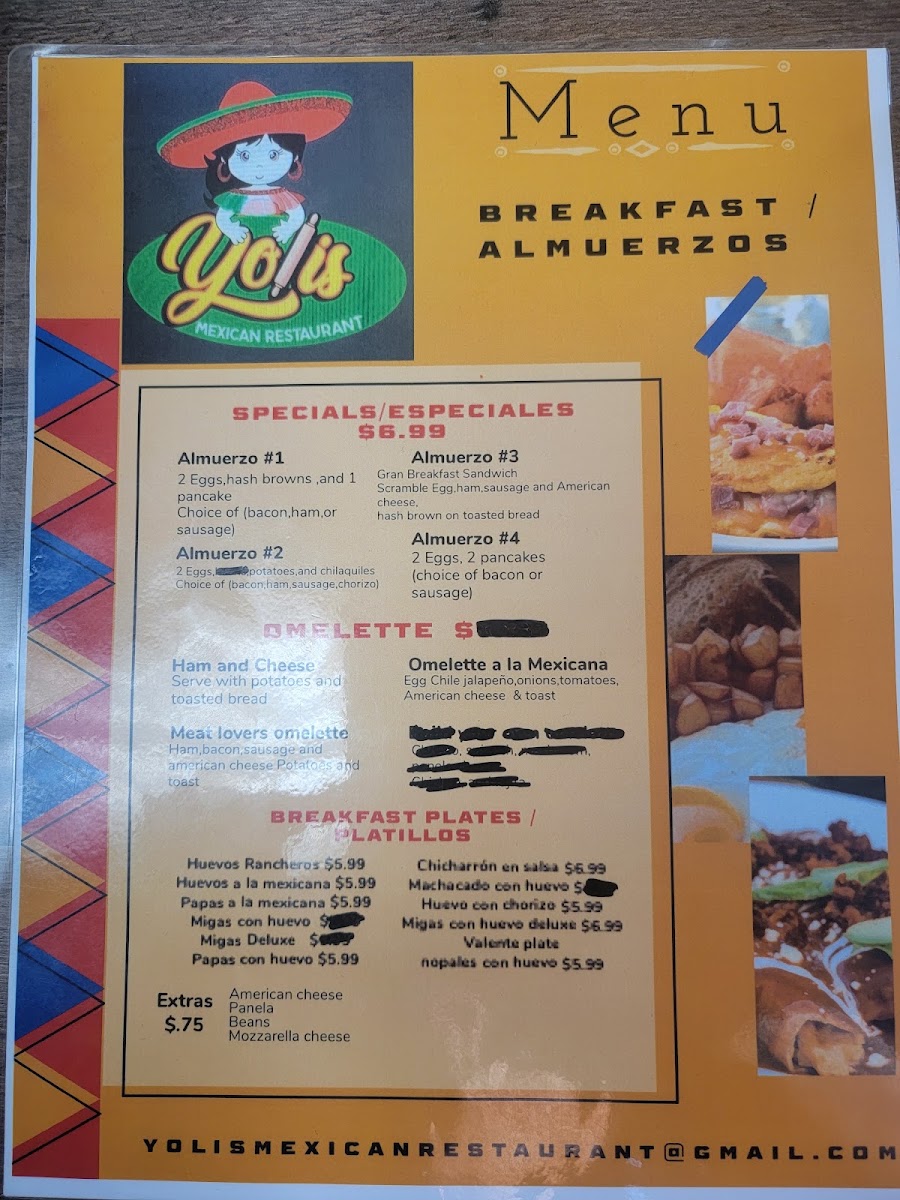 Yolis Mexican Restaurant menu board