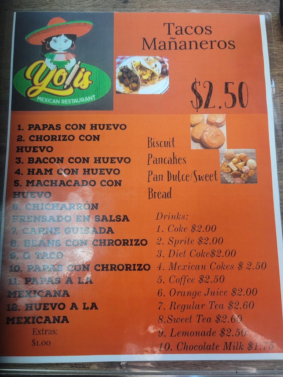 Yolis Mexican Restaurant menu board