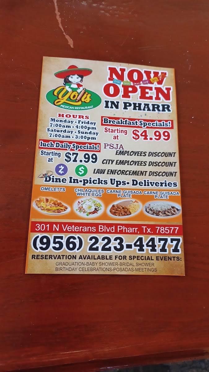 Yolis Mexican Restaurant menu board