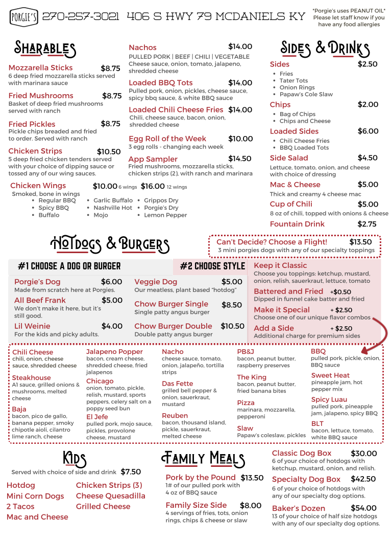 Porgie's Chow Wagon menu board