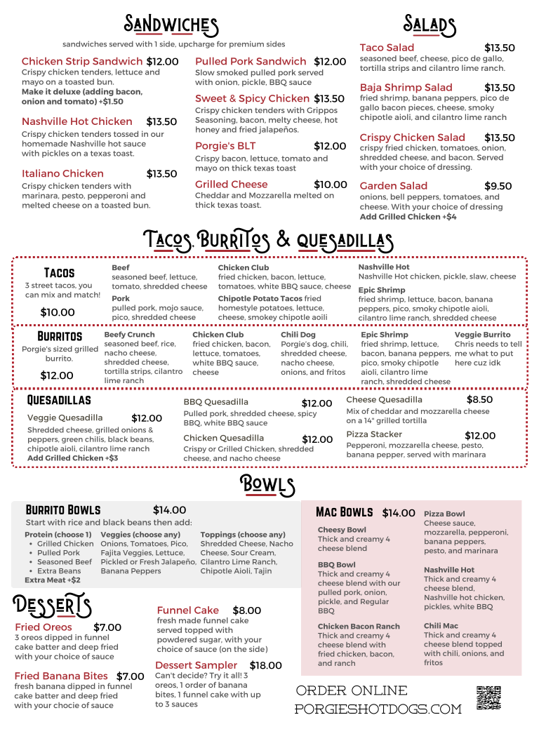 Porgie's Chow Wagon menu board