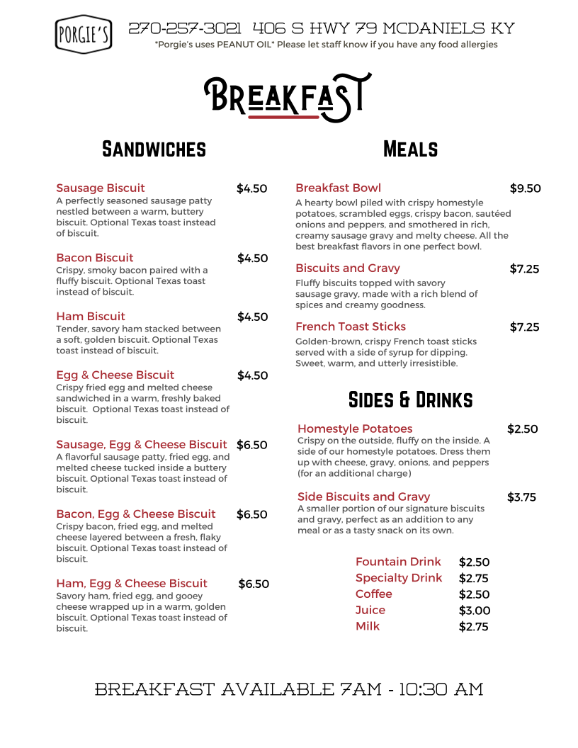 Porgie's Chow Wagon menu board