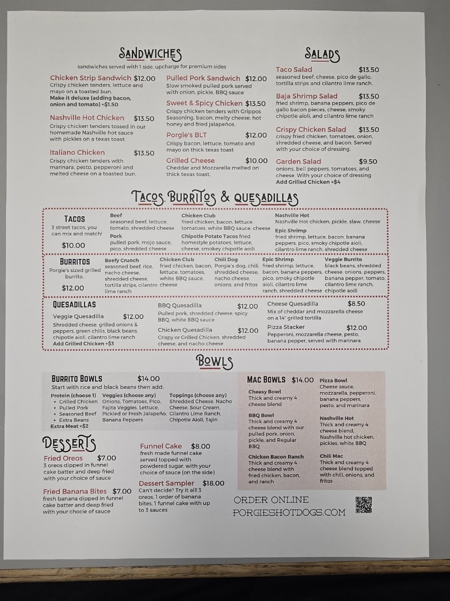 Porgie's Chow Wagon menu board