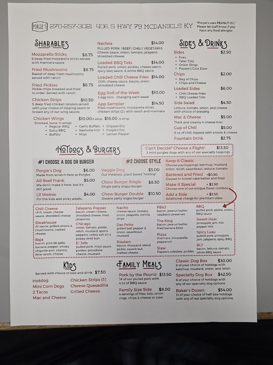 Porgie's Chow Wagon menu board