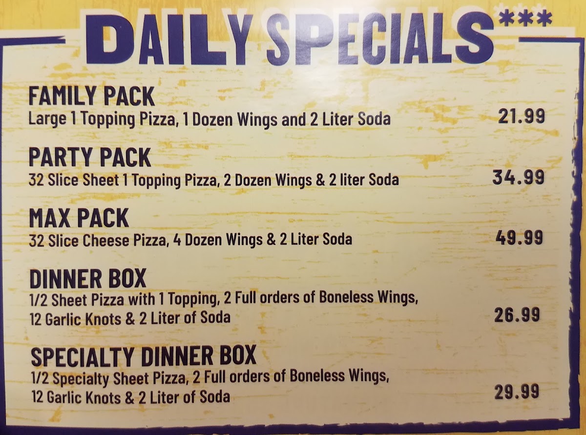 Pugies Pizza menu board