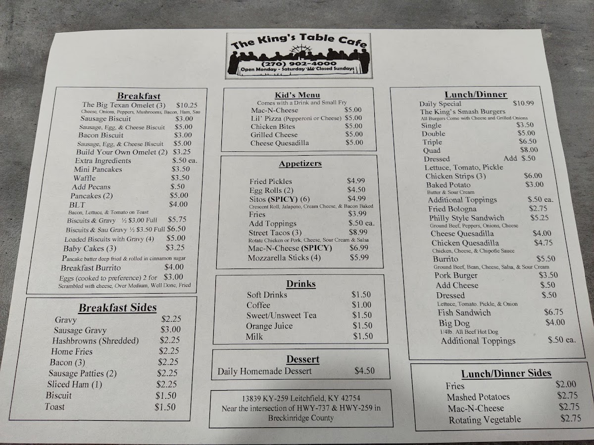 The King’s Table Cafe menu board