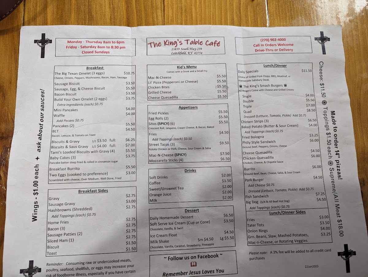 The King’s Table Cafe menu board