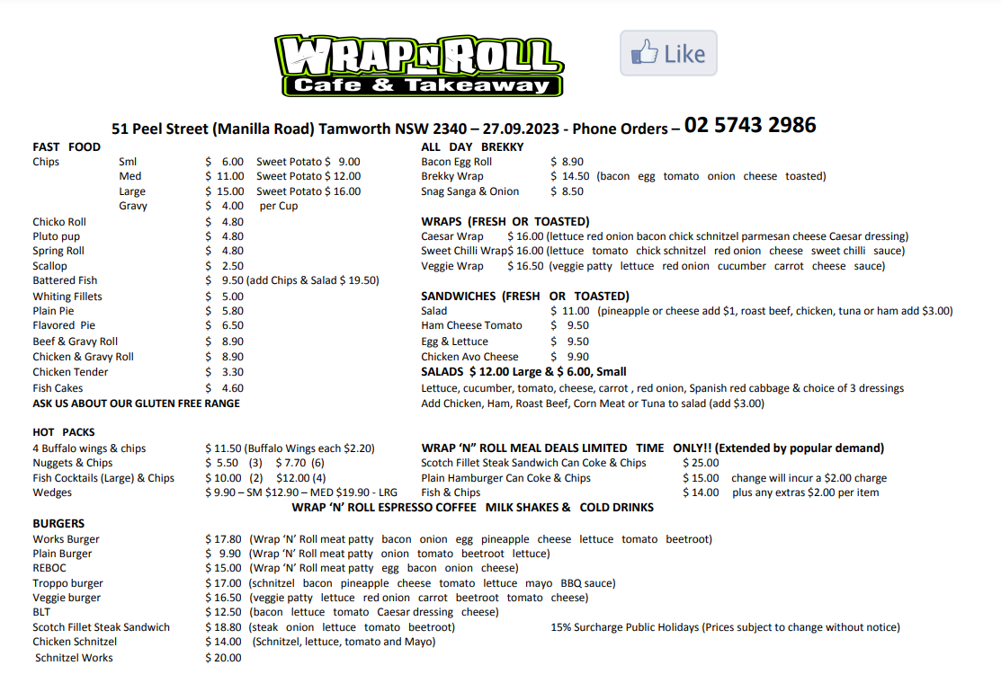 Wrap 'N' Roll Cafe & Takeaway menu board