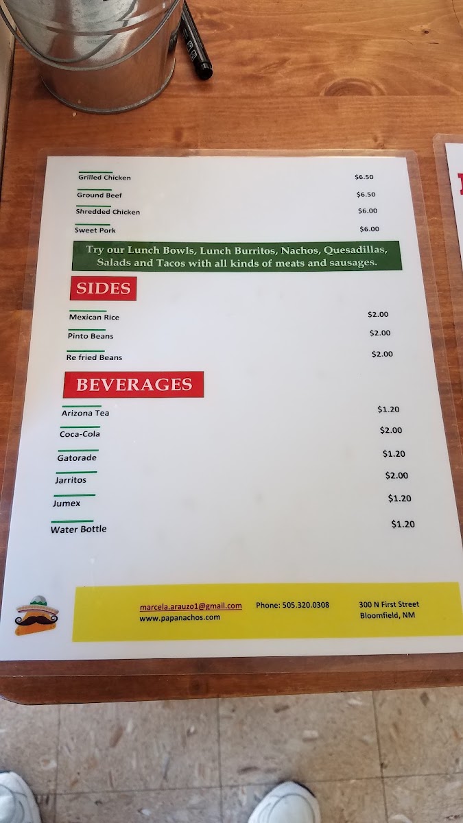 Papa Nachos menu board