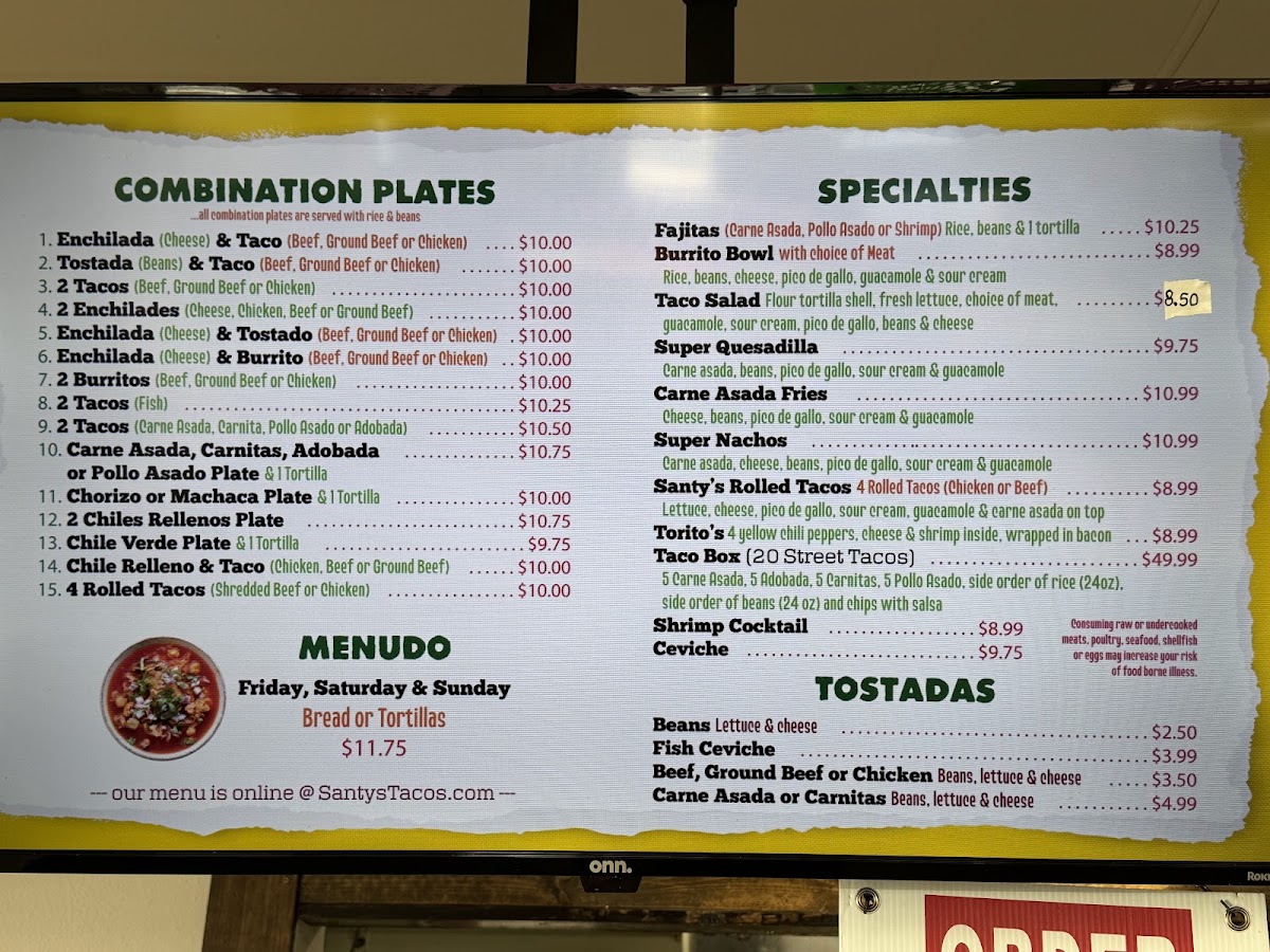 Santy's Taco Shop menu board
