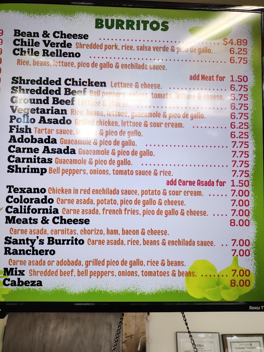Santy's Taco Shop menu board