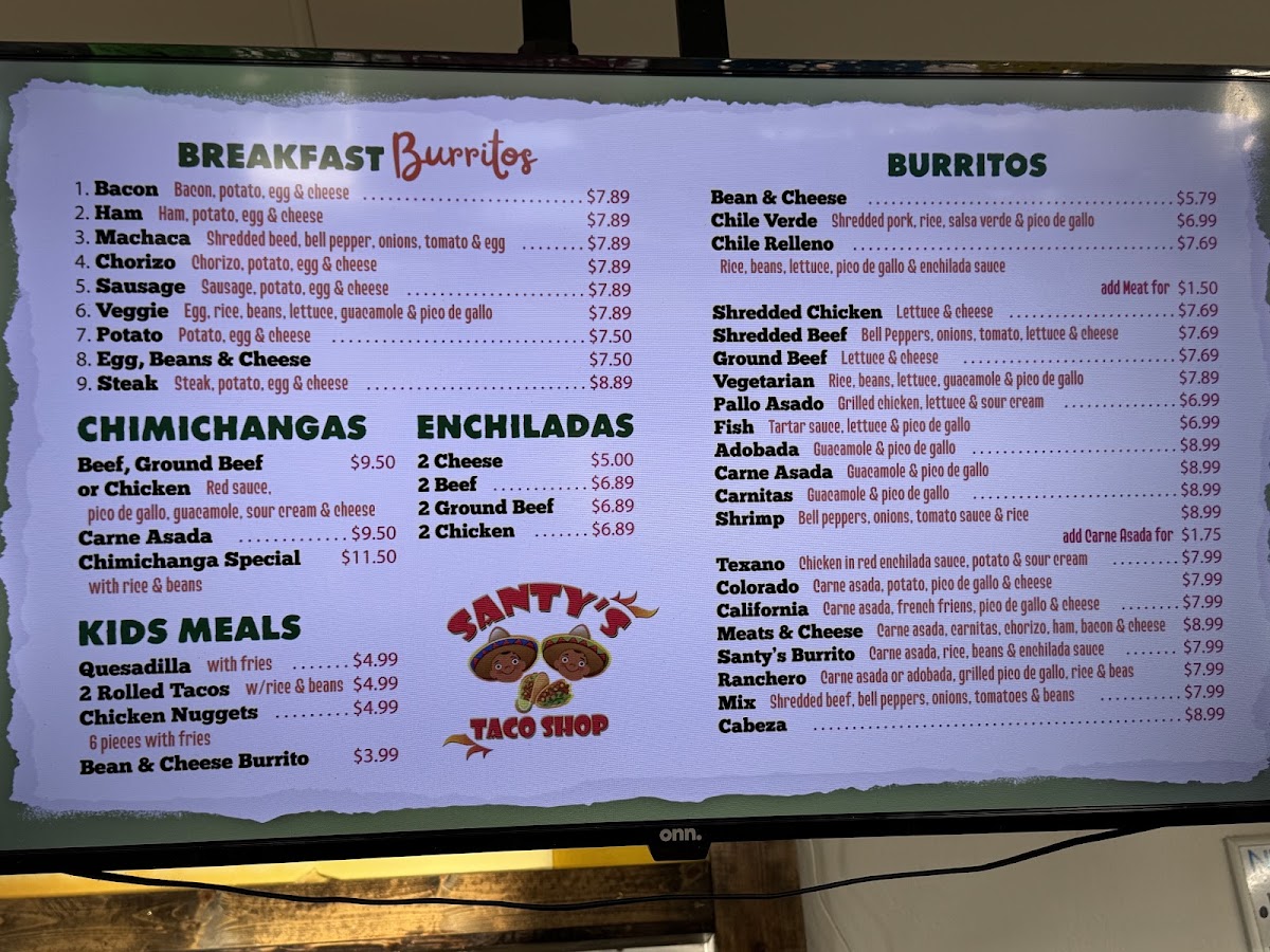Santy's Taco Shop menu board