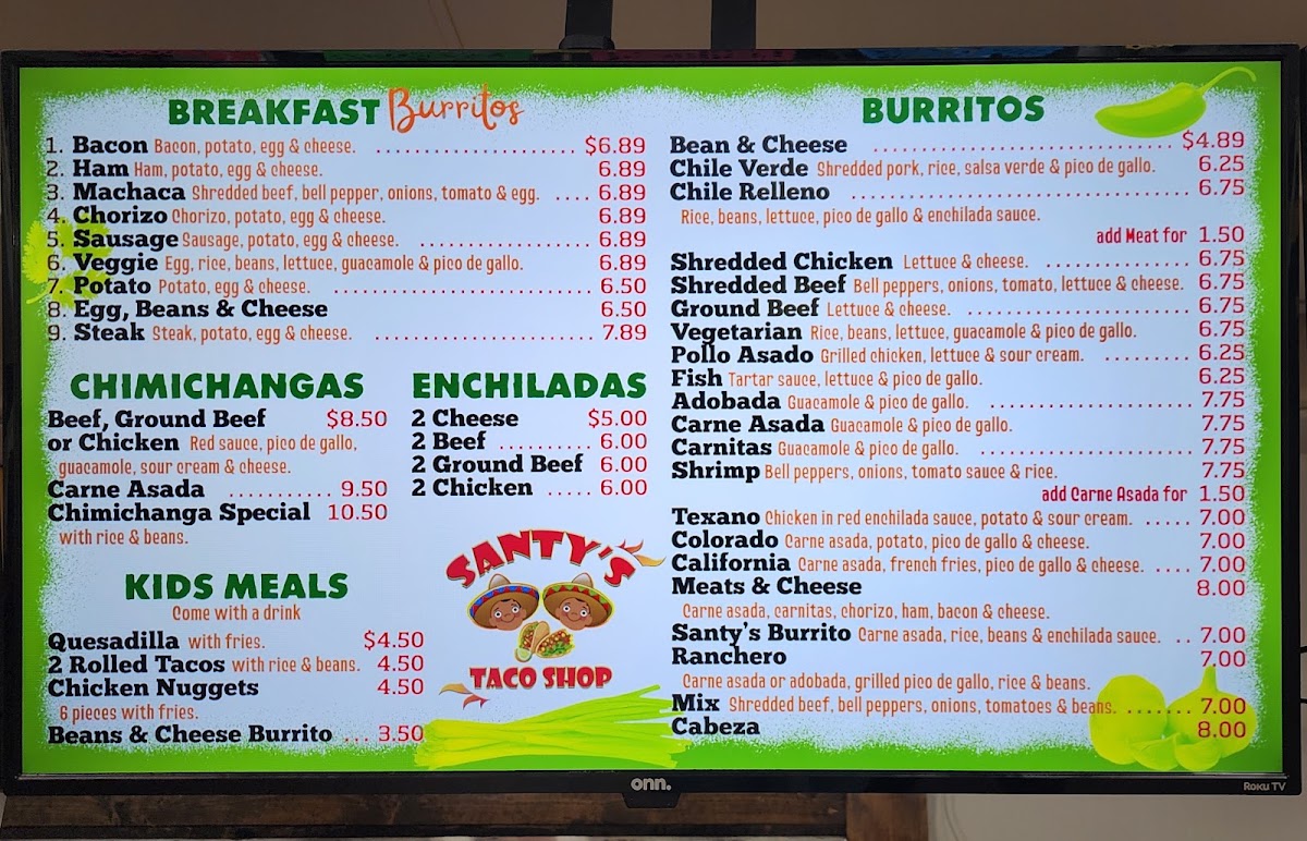 Santy's Taco Shop menu board