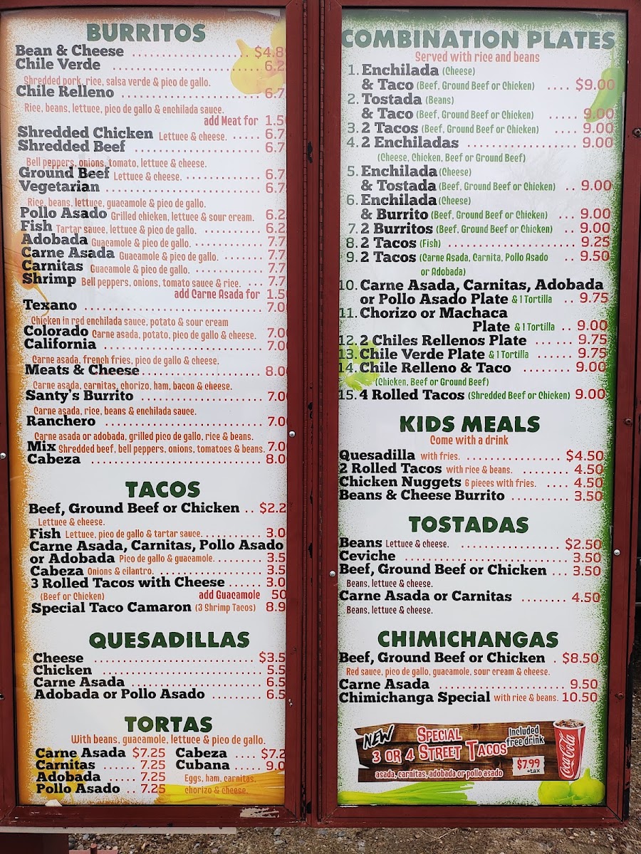 Santy's Taco Shop menu board