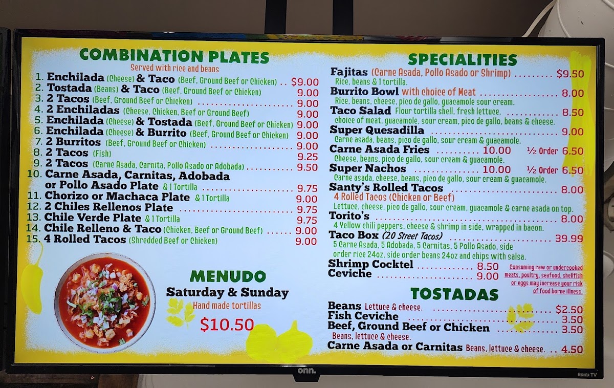 Santy's Taco Shop menu board