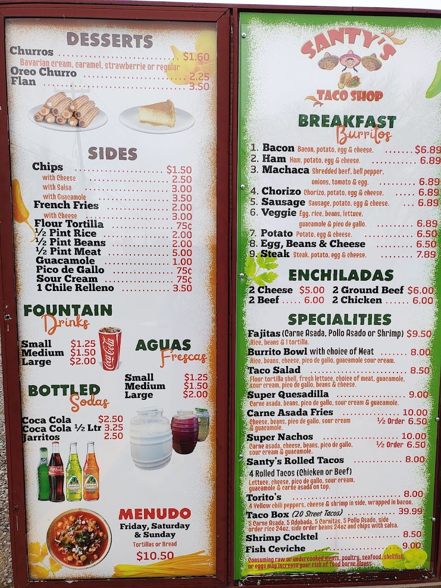 Santy's Taco Shop menu board