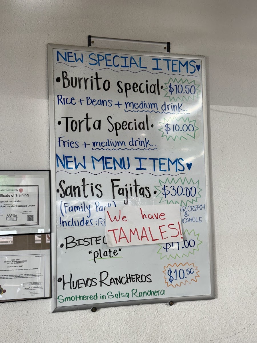 Santy's Taco Shop menu board