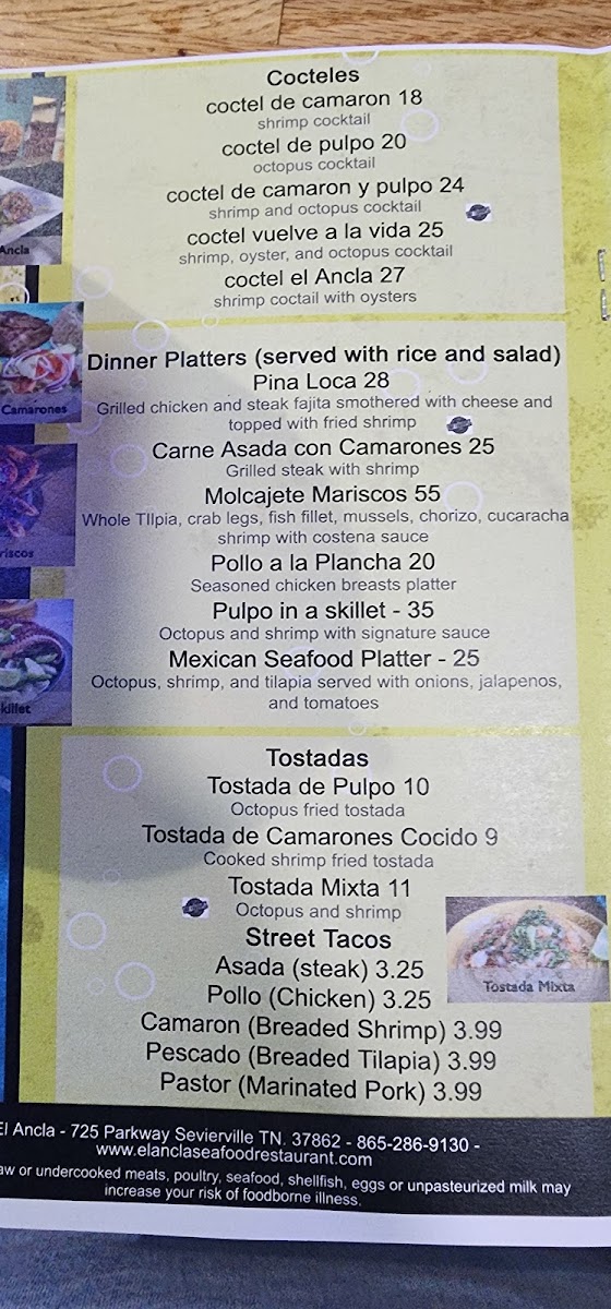 El Ancla Seafood Restaurant and Mariscos Sevierville menu board