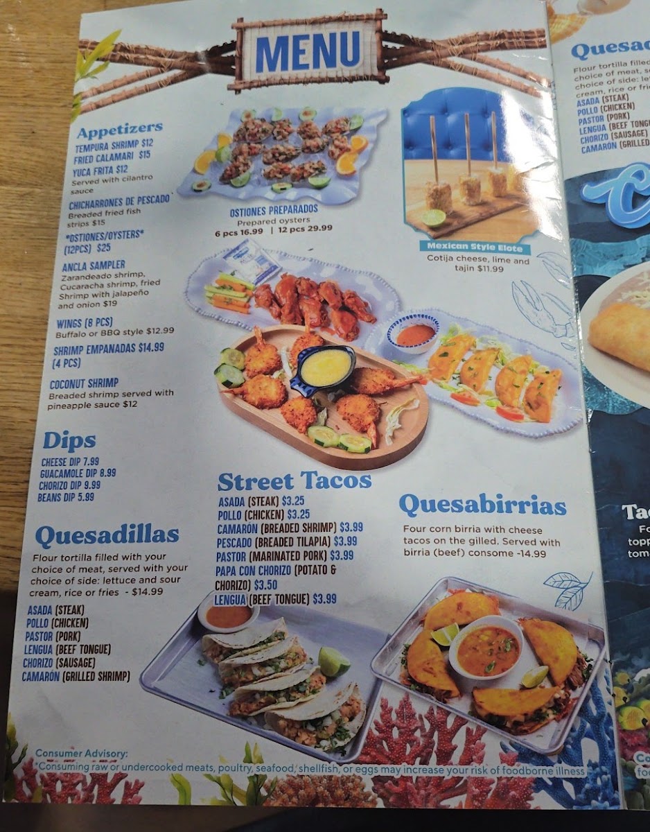 El Ancla Seafood Restaurant and Mariscos Sevierville menu board