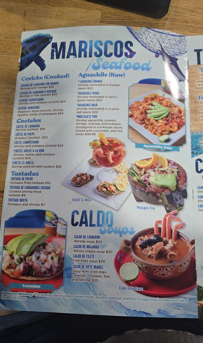 El Ancla Seafood Restaurant and Mariscos Sevierville menu board