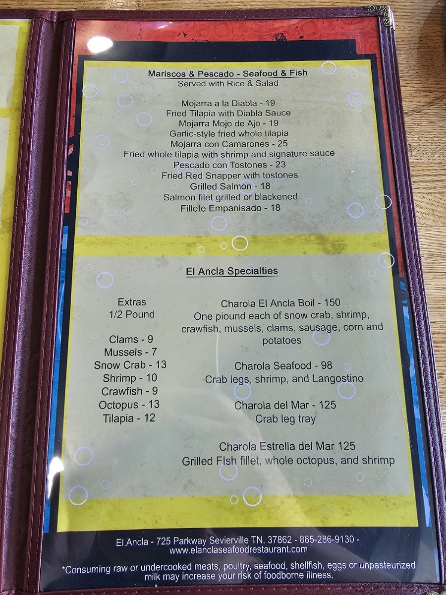 El Ancla Seafood Restaurant and Mariscos Sevierville menu board