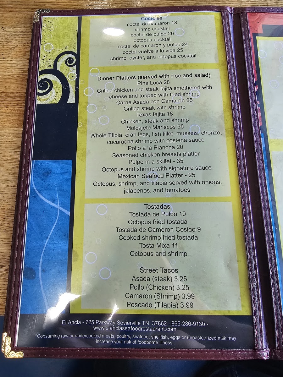 El Ancla Seafood Restaurant and Mariscos Sevierville menu board