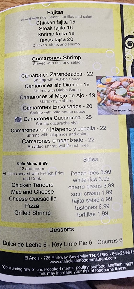 El Ancla Seafood Restaurant and Mariscos Sevierville menu board