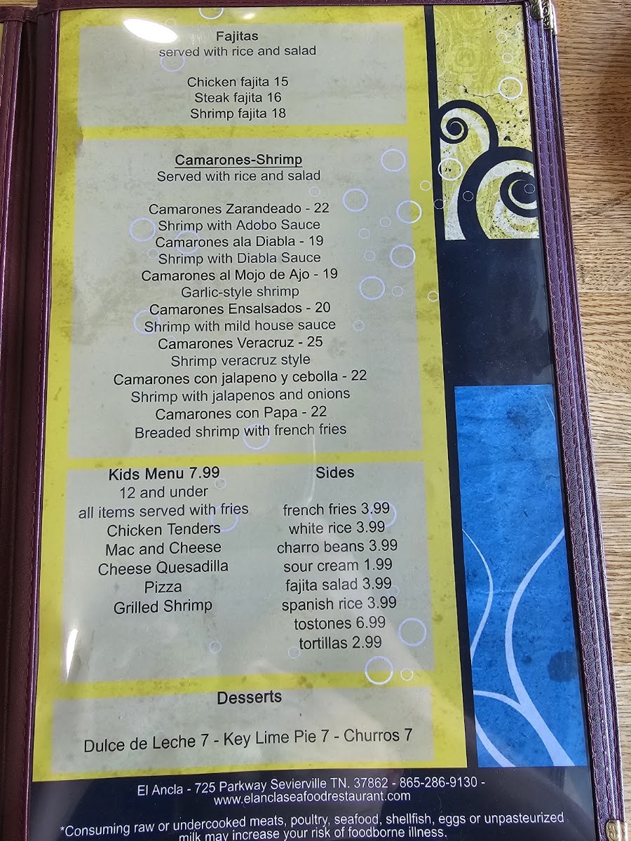 El Ancla Seafood Restaurant and Mariscos Sevierville menu board