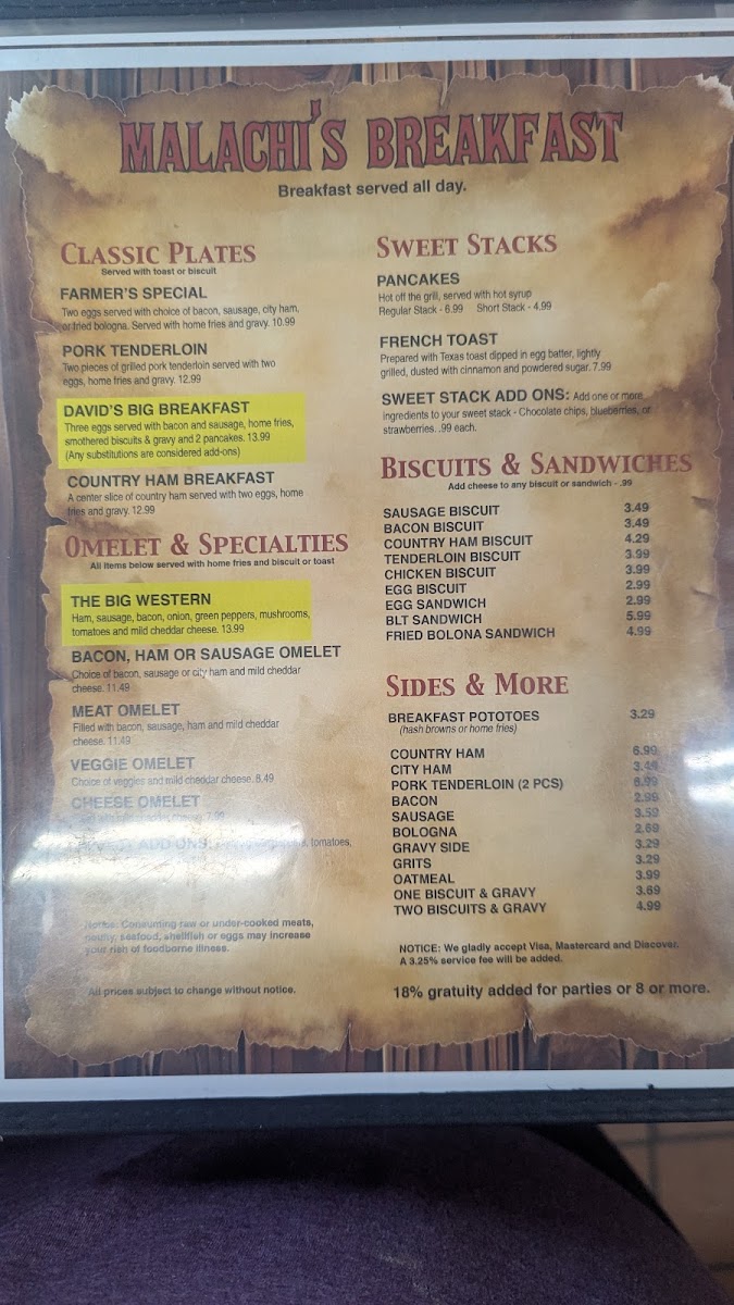 Beasley's Parkway Restaurant menu board