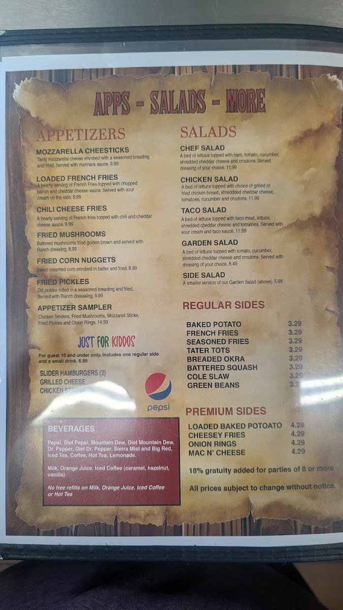 Beasley's Parkway Restaurant menu board