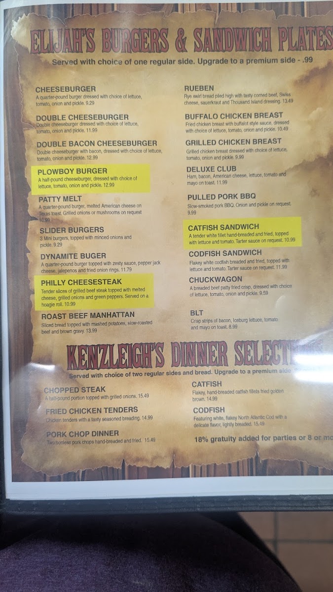 Beasley's Parkway Restaurant menu board