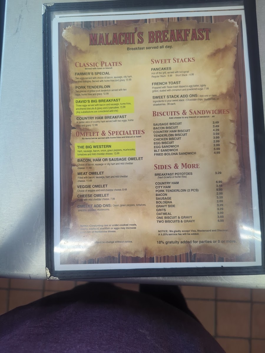 Beasley's Parkway Restaurant menu board