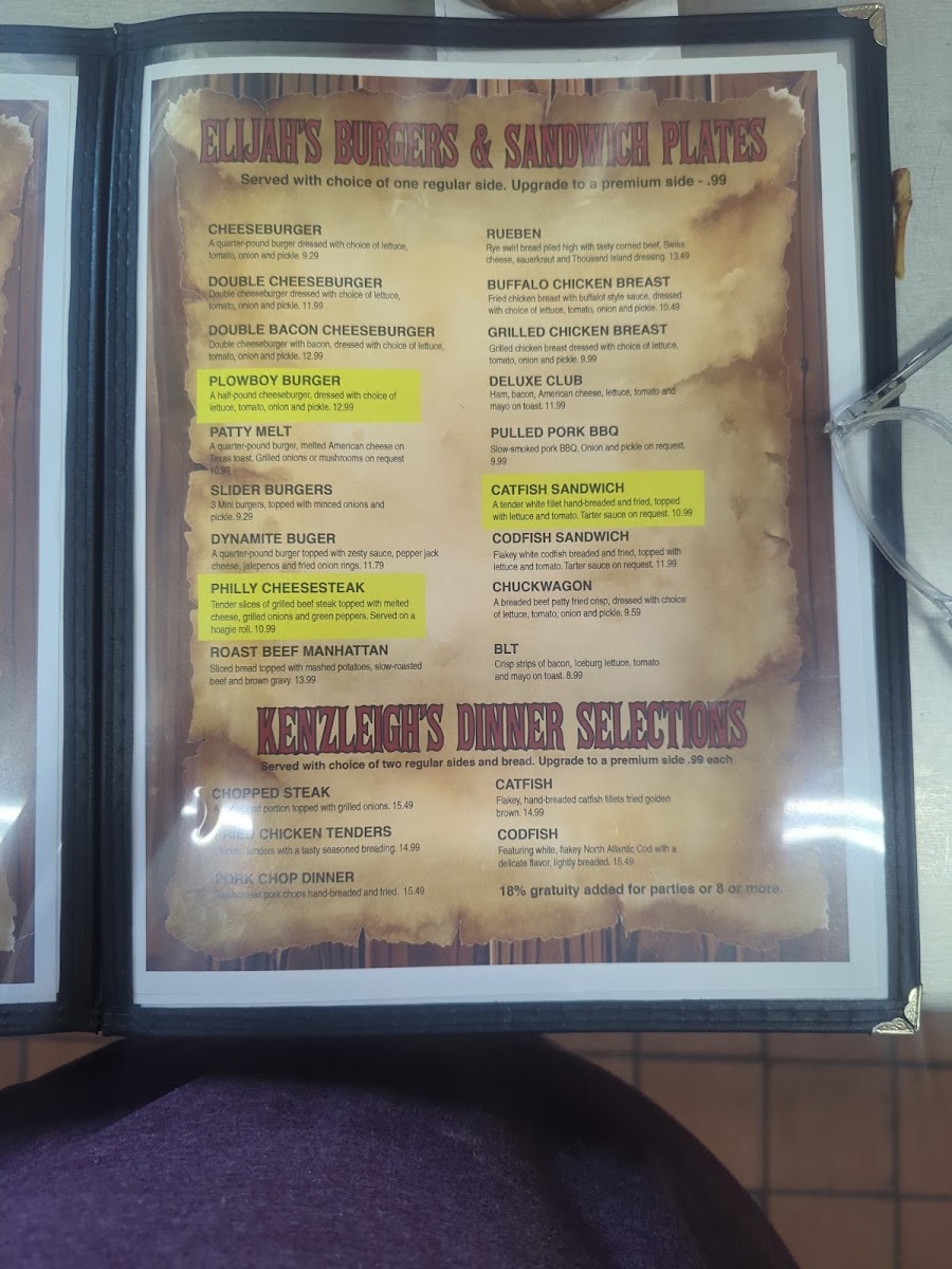 Beasley's Parkway Restaurant menu board